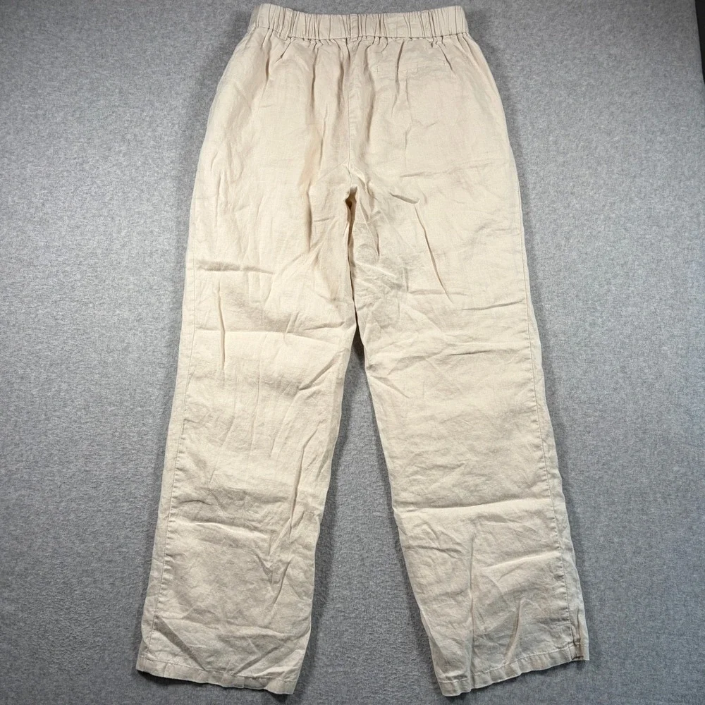 Quince Linen Wide Leg Pants Women Size 4 Beige Pleated Front Elastic Back